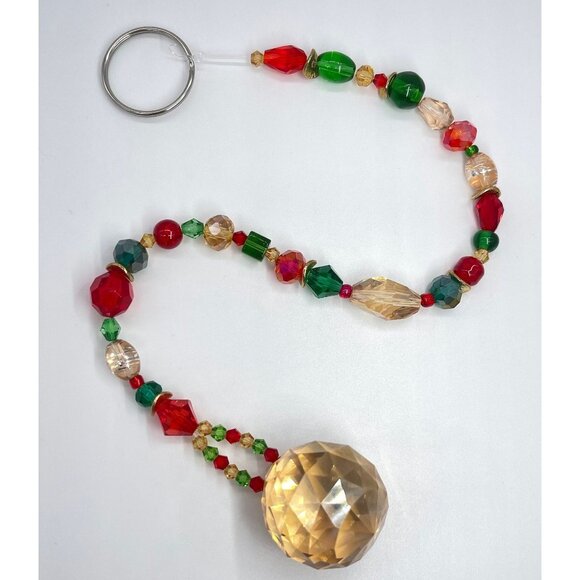 Beaded Christmas Suncatcher Red Green Gold Crystal Prism Hanging Patio Decor - Picture 3 of 10